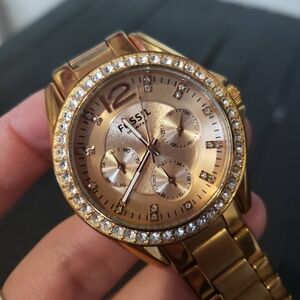 Fossil Riley Round Crystal Pave Bezel Watch Women's Gold Chain Link Bracelet